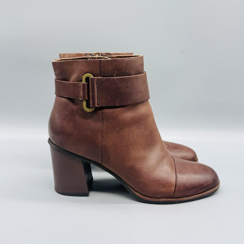 Korks Boots Women 6.5 Brown Leather Decola Ankle Strap Bootie Block Heel Zip